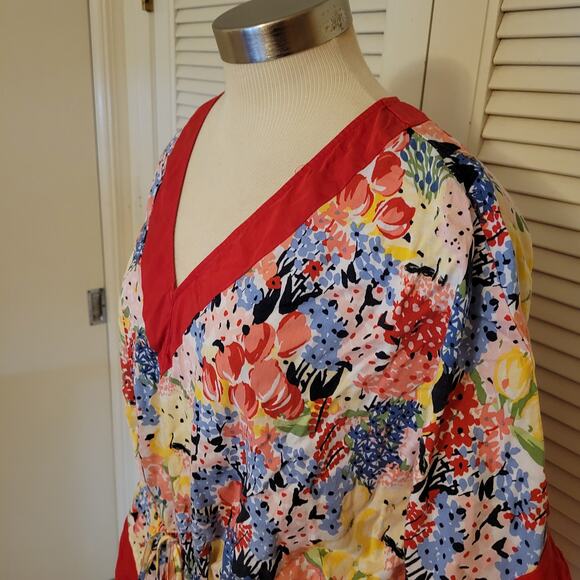 Floral Batwing Kaftan Blouse Red Trim Waist Tie Charter Club XXL 2X - Picture 2 of 9